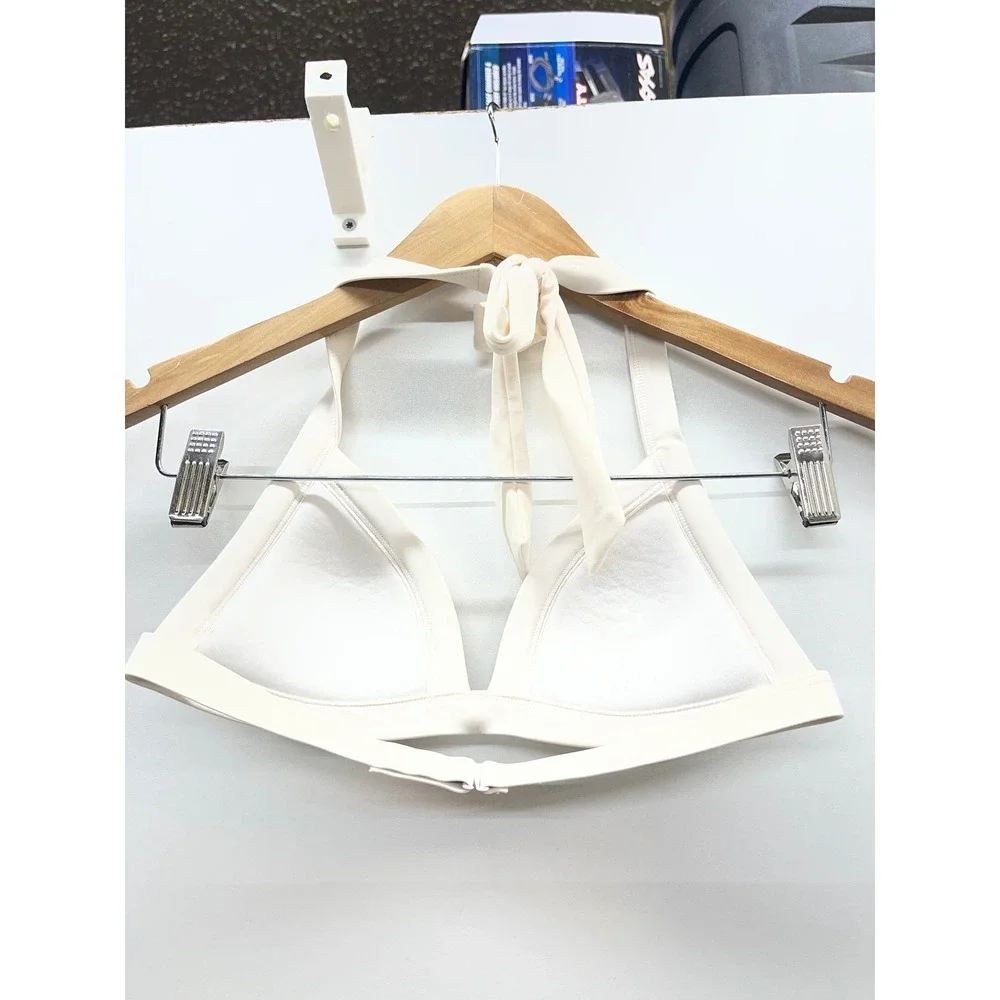 Victorias Secret PINK Cream Off White Halter Triangle Bikini Top Rose Gold Logo